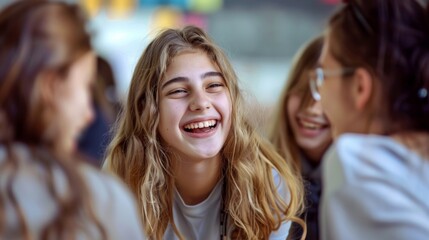 Girls at a table chat and laugh, fostering a joyful atmosphere of camaraderie and diversity. The scene radiates genuine happiness among young individuals.