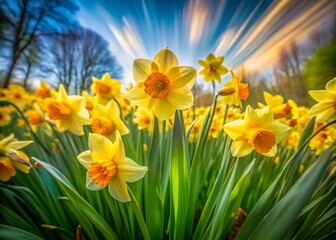 Obraz premium Captivating Long Exposure of Yellow Daffodils Blooming in a Garden Landscape
