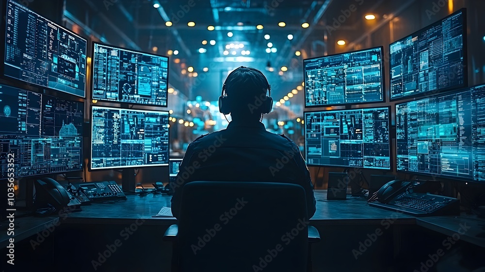 Poster sophisticated police room equipped with iot enabled control panels smart monitors displaying real ti