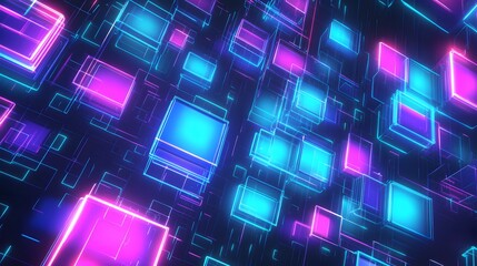 A vibrant vector background featuring neon blue and purple squares arranged in an intricate pattern, creating a futuristic and dynamic design