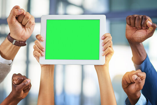Business people, hands and green screen with tablet for success, advertising or announcement in office. Teamwork, community and employee engagement for group with tech fist, mockup space and support - Powered by Adobe
