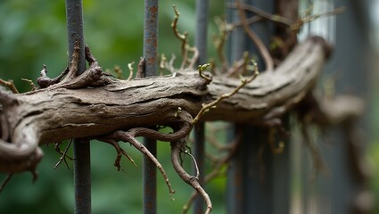 Organic vine intertwined with metal fence roots clinging