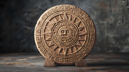 Obraz premium Ancient aztec sun calendar carving on rustic background - traditional mesoamerican symbol with cultural and historical significance. Aztec Sun Stone. Illustration