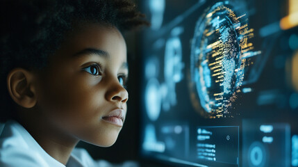 Black school pupil studying IT at computer learning digital code online software ai cyber security threats Artificial intelligence