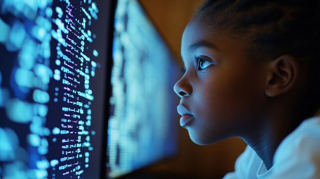 Black school pupil studying IT at computer learning digital code online software ai cyber security threats Artificial intelligence