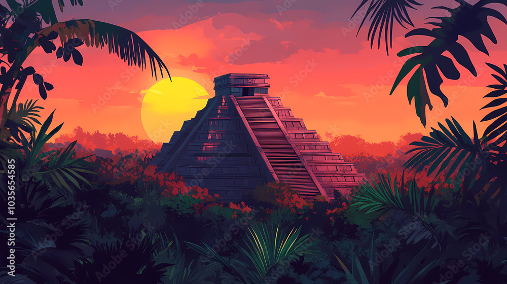 Wall mural ancient mayan pyramid with sunset sky and tropical plants. aztec sun stone. illustration