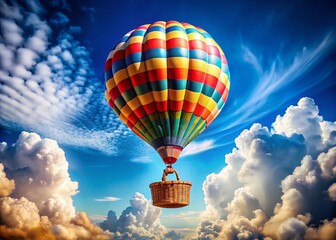 Fototapeta premium Cartoon Hot Air Balloon in a Colorful Sky with Clouds and a Basket - High Depth of Field