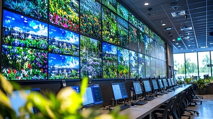 Obraz premium Cutting Edge Police Station with IoT Powered Reception Area and Smart Surveillance A modern technology driven law enforcement facility featuring digital screens smart a clean