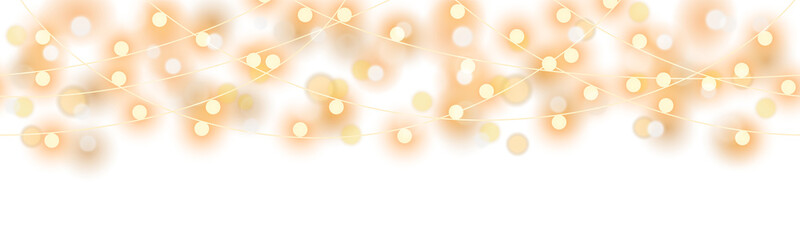 Decorative christmas yellow glowing light chains with sparkles and bokeh effects seamless pattern on transparent background © Kateina