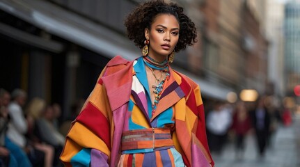 Fototapeta premium Bold and Vibrant: A Fashion Statement on the Runway Showcasing a Stunning Model in a Colorful, Striking Ensemble
