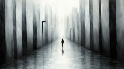 A solitary figure walks down a misty, monochrome city street, evoking introspection, AI