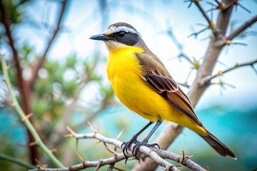 Fototapeta premium Cattle Tyrant Balancing on Dry Branches in Panoramic Nature Scene