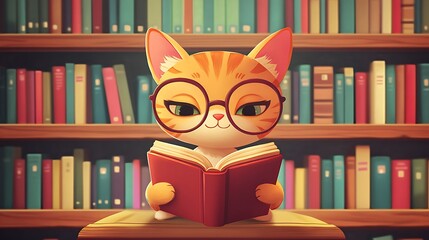 A cute 2D cartoon character of a clever cat reading book in library