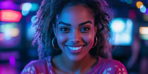 Fototapeta premium Happy woman playing a fighting game in the metaverse, Generative AI