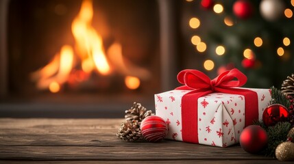 Festive Christmas gift by the cozy fireplace