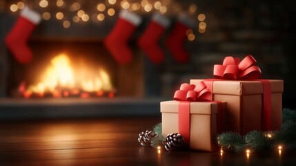 Cozy Christmas scene with gifts by the fireplace