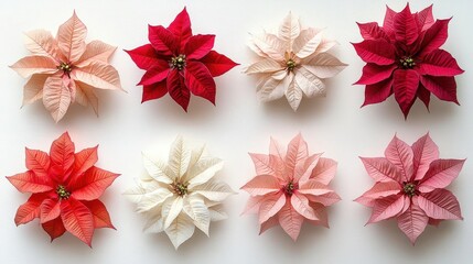 Fototapeta premium collection of exquisite poinsettias each flower isolated against a pure white background showcasing intricate details and vibrant colors embodying the spirit of the holiday season