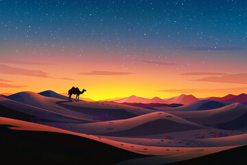 Fototapeta premium Desert Landscape at Dusk with Camel and Stars