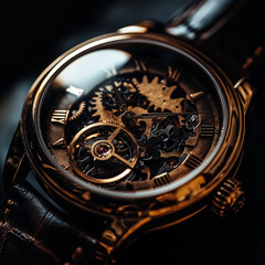 Elegant Mechanical Watch on Leather Strap with Dark Background