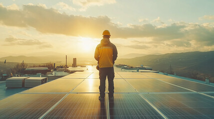 A power plant engineer installing solar panels on a rooftop during sunrise. The image captures the importance of renewable energy and the role of engineers in the clean energy movement.