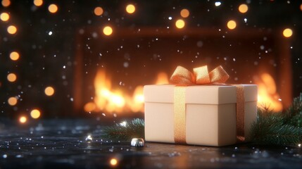 Festive gift box with warm fireplace ambiance