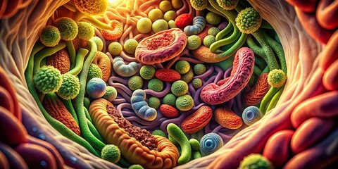 Fototapeta premium Vintage Style Graphic Representation of Healthy Gut Lining with Beneficial Bacteria for Gut Health Awareness