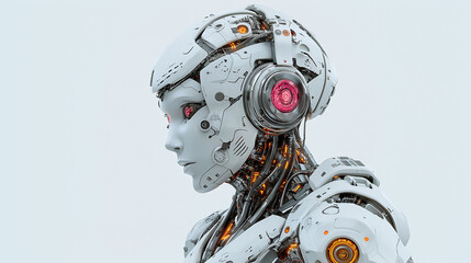 Fototapeta premium A close-up of a futuristic robotic figure with intricate mechanical details and glowing circuits, symbolizing advanced artificial intelligence and human-like technology