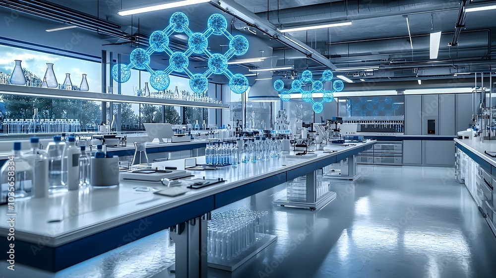 Poster futuristic science laboratory with holographic molecular models floating above workbench ample copy 