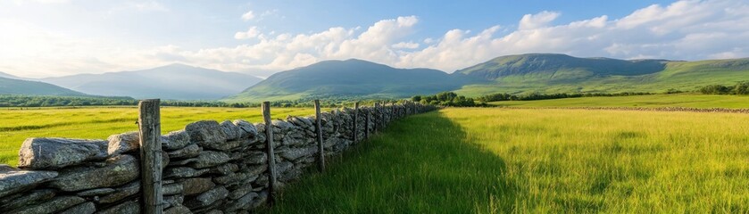 A scenic landscape featuring a stone wall along a lush, green field, with mountains and a cloudy sky in the background.
