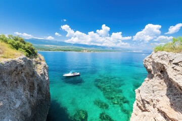 Obraz premium A stunning coastal view featuring turquoise waters, a small boat, rocky cliffs, and a clear blue sky, perfect for nature lovers and adventure seekers.