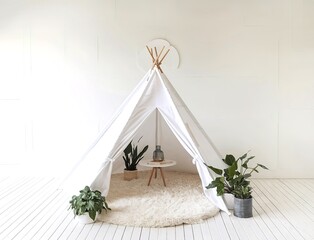 A white teepee tent with a plush white rug inside, surrounded by potted plants on a white wooden floor