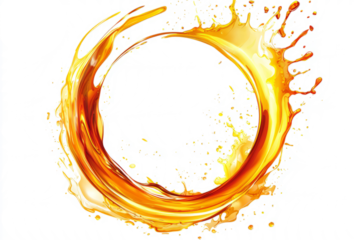 A dynamic splash of oil in a circular shape, beautifully suspended against a clean white background.