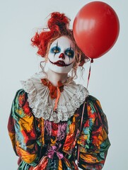 Obraz premium Spooky Clown in Vibrant Costume with Balloon Stands Alone in Surreal Portrait