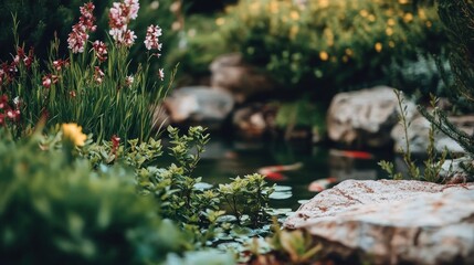 A close-up of a pond with a single red Koi fish visible, surrounded by lush green foliage and rocks.