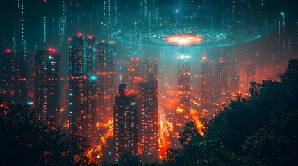 Futuristic city skyline with a large satellite dish mounted on the rooftop of a modern skyscraper projecting holographic data and information into the air above the urban landscape