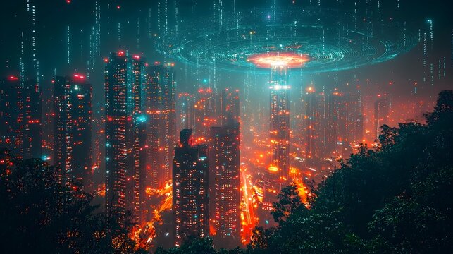 Futuristic city skyline with a large satellite dish mounted on the rooftop of a modern skyscraper projecting holographic data and information into the air above the urban landscape
