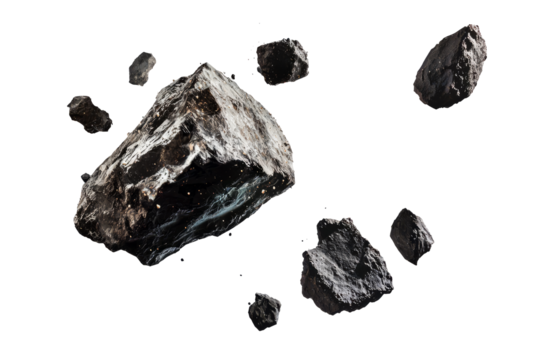 Several large asteroids flying through space, small rock fragments and dust.