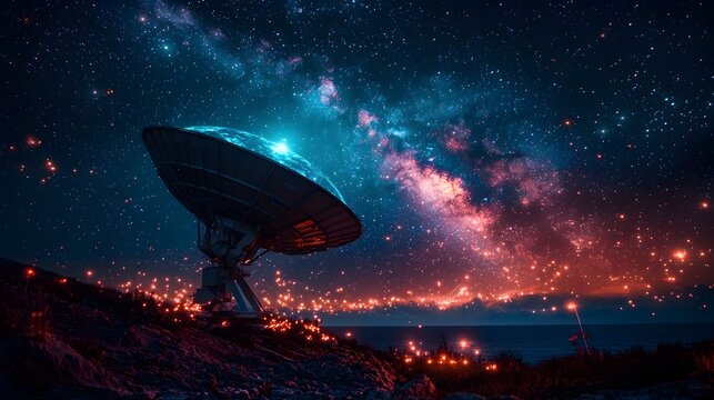 Large Satellite Dish Projecting Holographic Signals Into the Sky Above a Coastal Landscape with the Ocean Visible in the Background