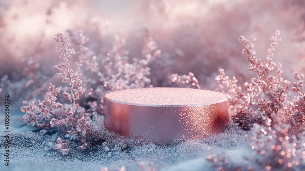 Aufkleber A shiny circular object rests among soft, pink plants in a tranquil and ethereal environment, creating a serene and enchanting atmosphere with gentle light reflecting off its surface.