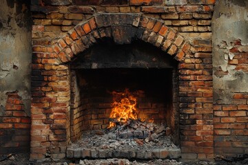 Brick Fireplace. Burning Ashes and Charcoal in Brown Brickwork