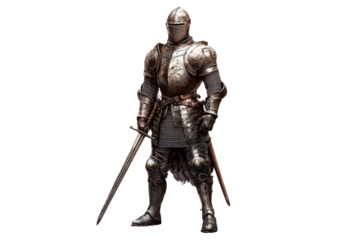 medieval European knight in full armor,  isolated on a white background