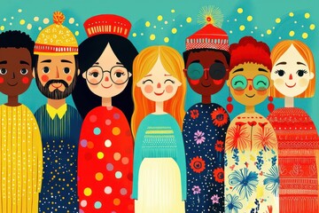 Diverse group embracing fairness, tolerance, and common humanity, flat design illustration