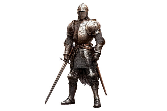 medieval European knight in full armor,  isolated on a white background