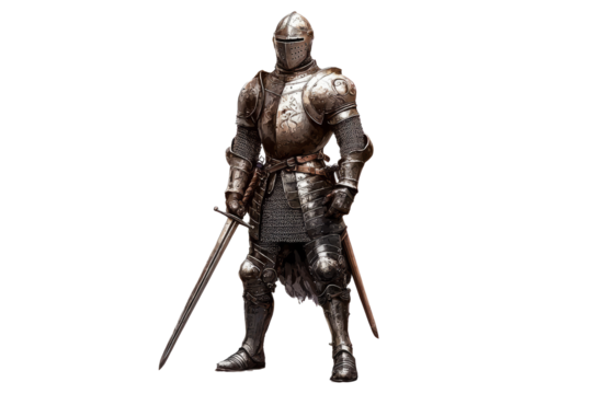 medieval European knight in full armor,  isolated on a white background