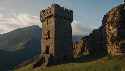 An artist's rendering of a fantastical archer tower nestled within a magical forest full of enchantment