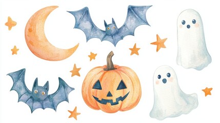 Fototapeta premium Watercolor of Cute Halloween Elements in Composition