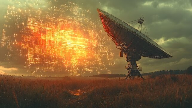 Futuristic rural satellite dish installation featuring holographic data overlays displaying satellite positions and signal transmissions