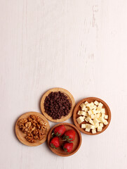 menu snack ingredient photo chocolate chips strawberry walnut cheese dessert sweet food kitchen set