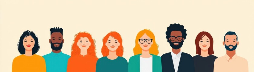 Diverse individuals standing in unity, promoting human rights and integration, flat design illustration