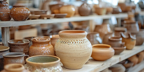 A beautiful display of handcrafted pottery showcased on wooden shelves, highlighting traditional craftsmanship and earthy tones.
